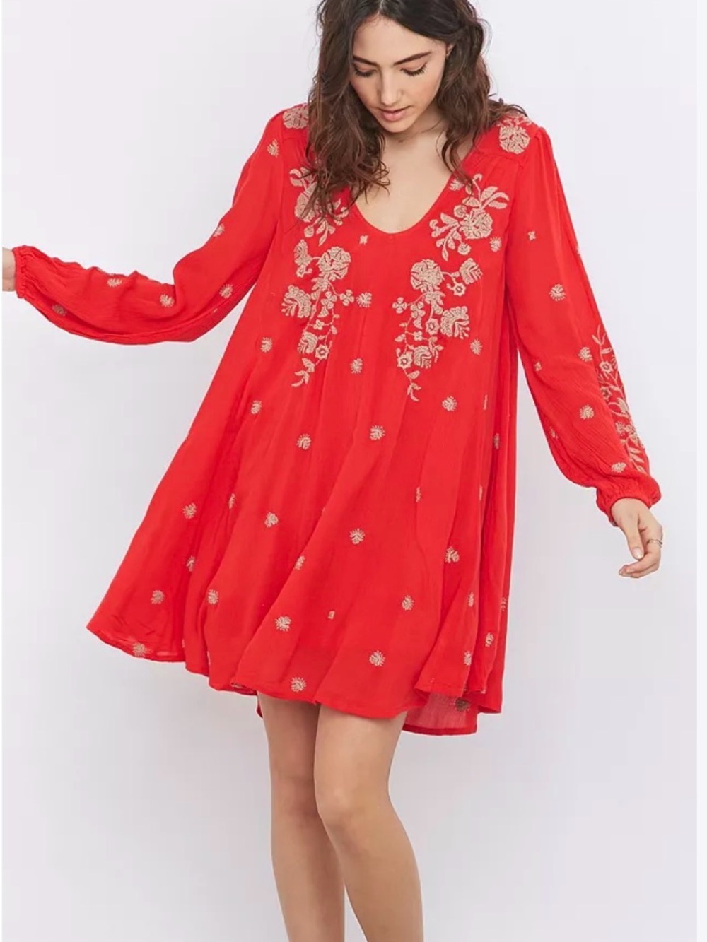 Free People Red Long Sleeve Embroidered Dress
